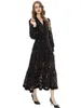 Casual Dresses Ld Linda Della Fashion Runway Black Dress Women's V-ringning Lantern Sleeve Hollow Brodery Vintage Party Midi Dress 230407