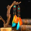 Dangle Earrings Bohemian Crystal Copper Chain Feather Long Drop For Women Retro Gypsy Ethnic Temperament Gold Color Jewelry Gift