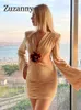 Casual Dresses Zuzanny Autumn Sexig Deep V Flower Mini Dress for Women Party Outfits Shoulder Pad Lång ärm Rygglös Ruched Bodycon