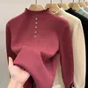 Damenpullover, süße Mode, einfarbig, Herbst und Winter, Fleece-Pullover mit Knopf-Design, schmale Passform, bequemer Mutterpullover