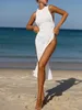 Swim Wear solidna koronkowa sukienka plażowa damska strój kąpielowy seksowna cięta węzeł z boku gęsta sukienka biała top Kimono damska sukienka bikini plażowa 230406