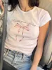 T-shirt femme Absobe rose lettre imprimé col rond t-shirt femme haut à manches courtes basique polyvalent mince t-shirt cravate tenue décontractée Streetwear 230406