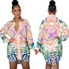 Floral Print Shirt Dress Femmes Casual Revers Cou À Manches Longues Courtes Mini Robes Clubwear Navire Libre