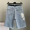 Kvinnors jeans urior 2023 sommar mångsidig hög midja nagelpärlad paljett bowknot denim shorts kvinnor tunna capris byxor