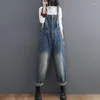 Jeans femme bleu ample Streetwear droit Denim bavoir pantalon femmes 2023 printemps et été Art Vintage combinaison poches cheville-longueur