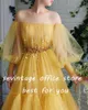 Party Dresses Sevintage Yellow Beading Crystal Tulle Long Prom Sleeves Tiered Pleat A-Line Evening Gowns Formal Dress 2023