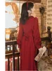 Casual Dresses Women Embroidered Lapel Retro Red Vestidos Fashion Femininas Fall French Romantic Temperament Ruffle Stitching Thin Dress