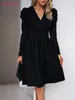 Casual Dresses S.Flavor Women's Working Midi Elegant V-Neck Puff Long Sleeve Solid Formal Dress