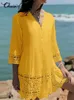 Casual jurken Casual mini-jurk met V-hals Celmia Zomer dames elegante holle kant zonnejurk 34 mouwen korte mouw vestido vakantie effen strandjurk 230407