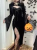 Casual Dresses Goth Dark Bandage Gothic Elegant Women High Split Dresses Spets Side Transprent Grunge Midi Dress Flare Sleeve Alt Crop Shrug Top P230407