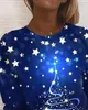 Felpe con cappuccio da donna Felpa a maniche lunghe con stampa di stelle dell'albero di Natale 2023 Autunno Inverno O-collo Letterario retrò casual