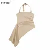 Womens Two Piece Pants PTYSIC Women Elegant Beige Asymmetric Gabardine Top High Waist Wide Leg Loose Straight Trousers Female Suits Sets 230407