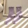 Frauen Socken 3 Paar/Los Kawaii Baumwolle Rüschen Blumenstickerei Harajuku Lange Frau TJ3023