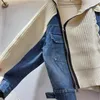 Damenstrick Hsa Unregelmäßiger Rollkragenpullover Strickjacke Pullover Frauen Herbst Winter Dicke warme Pullover Reißverschluss bis Denim-Strickmäntel