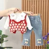 Kläder sätter höststil baby flicka 3st kläder set blommor tröja väst långärmad lapel skjorta jeans spädbarn småbarn flicka kostym