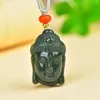 Pingentes enviar certificado natural verde hetian jade buda cabeça pingente com corda corrente encantos colar homens mulheres feng shui sorte amuleto