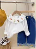 Giyim Setleri 2023 Çocuk Bahar Sonbahar Kızlar Elbiseleri Karikatür Gömlek Uzun Kollu Gömlek Çiçek Kot Pantolon 2 PCS Giyim Seti R231107