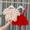 Clothing Sets Summer Girls Short Sleeve Lapel Collar Floral Print Shirt Tops Overalls Skirt Fashion Children's 2Pcs Suits Kids