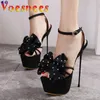 Klänningskor voesnees Big Bow Rhinestone Sandals Women Super Thin Heel 17cm High Heels 2023 Summer Black Platform Ladies Catwalk 34-40