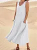 Casual Dresses Summer Women's Sleeveless Sundress Elegant Round Neck Cotton Linen Solid Long Can Dress Vintage Pocket Beach Vestidos 230407