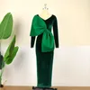 Casual Dresses Fashion Sexy Green Velvet Long Dress V-Neck High Waist Party Banquet Clothes Night Club Cocktail Big Bow Women