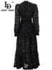 Casual Dresses Ld Linda Della Fashion Runway Black Dress Women's V-ringning Lantern Sleeve Hollow Brodery Vintage Party Midi Dress 230407