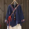 Kvinnors blusar Spring Chinese Traditionell tang kostym kvinnlig kostym vintage blus långärmad snörning broderi top för kvinnor hanfu