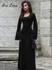 Casual Dresses Solid Ribbed Lace-Up Maxi Dress for Women 2023 Autumn Long Sleeve Elegant Slim Winter Female Fashion Loose Party Gown