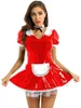 Sexy Costumes French Maid PVC Dress Lockable Women Party Clubwear Lace Trimming Maids Uniform Fancy Sissy Role Play With Neck Ring