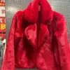 Abrigo rojo corto con cuello vuelto de imitación para mujer, chaqueta de imitación Rex para otoño/invierno, Parka peluda INS, cárdigan flocado