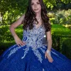 Blaue glänzende Quinceanera-Kleider, Ballkleid für 16-jährige Mädchen, mit Pailletten, Perlenapplikationen und Schleppe, Prinzessinnenkleid für 15 Jahre