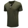 T-shirts pour hommes T-shirt à manches courtes pour hommes d'été Henley Collar Solid Casual Top Single Chest Pocket T-shirt 230407