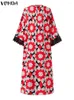 Sukienki swobodne Vonda 2023 Bohemian Floral Printed Sundress Women Long Maxi sukienka koronkowa patchworka luźna rękaw z luźną szatą femme