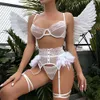 Sexy Bh En Slipje Set Lingerie Stukken Witte Veren Kant Dames Ondergoed Erotische Korte Sets Intimi Pornokostuums