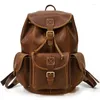 Ryggsäck Crazy Horse Leather Anti Stöld Vintage Fashion Style Travel Bag Men Male Daypack axel