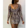 Повседневные платья сексуальные женщины LeoApard Print Bangage Dress Clubwear Без спины Hollow Out Bodycon Slim Party Lace-Up Prncil Mini