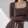 Damen T-Shirt American Style Brown Cropped Top Damenmode Skinny Sexy Langarm T-Shirts Damen Casual Square Neck Tees 230406