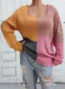 女性のセーターBenuynffy Square Neck Color Color Block KnitteSセーター女性2023秋の冬の長袖パッチワークカジュアルルーズジャンパー