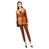 Women's Two Piece Pants 2023 Fashion Orange Red Dark Green Striped Pant Suit Women 2 Set Single Button Office Ladies Blazer And Trouser For