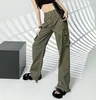 Kadınlar kot 2023 Sonbahar Kadınlar Yüksek Bel Moda Tulumlar Sıradan Ordu Yeşil Pantolon Vintage Street Giyim Cepleri Denim Geniş Bacak Pantolon