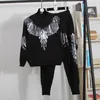 Women's Two Piece Pants Fashion Sequins Embroidery Knitted Tracksuits Women Outfits 2pc Loose Casual Pullover Sweater Pencil Set Female