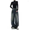 Kadınlar kot y2k yüksek belli ince düz gevşek retro rahat pantolon geniş bacaklı pantolon