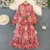 2023 Vestidos Casuais de Alta Qualidade Vintage Beach Dress Mulheres Gola Longa Lanterna Manga Paisley Multilayer Cascading Party Chiffon Dress