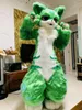 Fursuit dos desenhos animados adulto verde longo peludo raposa cão husky mascote traje anime personagem máscara de aniversário festa de halloween pelúcia