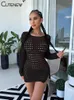 Lässige Kleider süße Frauenmännchen Mesh Hohlout Mini-Kleid sexy durch volle Ärmel O-Neck schwarzer schlanker, gerade weibliche Straßenwäsche