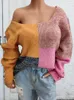 女性のセーターBenuynffy Square Neck Color Color Block KnitteSセーター女性2023秋の冬の長袖パッチワークカジュアルルーズジャンパー