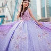 Лавандовое сексуальное платье Quinceanera с v-образным вырезом 2024, бальное платье с скользящим шлейфом и аппликацией из цветочных бус, платье принцессы для выпускного вечера, платье de 15