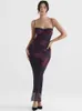 Casual jurken Mozision Purple Print Sexy Long Fishtail Dress For Women Robe 2023 Nieuwe spaghetti -band mouwloze Backless Ruched Maxi Dress P230407