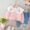 Kledingsets Babymeisjes Kledingsets Leer Kids Lace Floral Shirt Jeans Suits Infant Casual Desfits Outfits Kinder kostuum