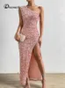 Vestidos Casuais Dressmecb Rosa Lantejoulas Verão Mulheres Um Ombro Ruffle Ultra Fino Vestido Longo Mulheres Backless Sexy Party Tank Top 230407